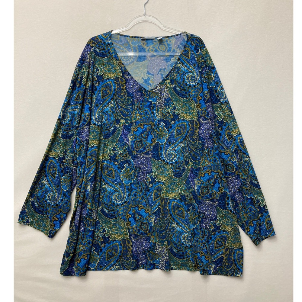 Susan Graver Tunic 5X Blue Paisley Mosaic Liquid Knit V-Neck Long Sleeve Top